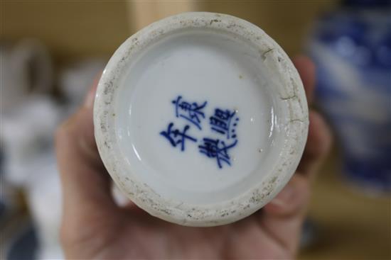 An Asian blue and white inverted pyriform jar and cover, a similar pair of smaller vases and two other items, H 25cm (largest)